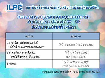 กำหนดการลงทะเบียนสอบภาษาอังกฤษมาตรฐานมหาวิทยาลัย
สำหรับนักศึกษาระดับปริญญาตรี
ประจำภาคเรียนที่ 3/2561