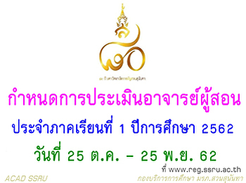 นักศึกษาระดับปริญญาตรีทุกคน
ให้ดำเนินการประเมินอาจารย์ผู้สอนและอาจารย์ที่ปรึกษา
ประจำภาคเรียนที่ 1 ปีการศึกษา 2562