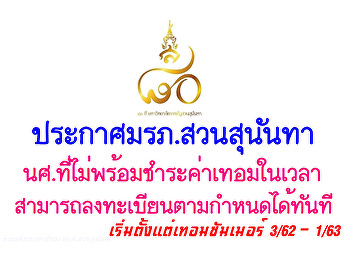 ประกาศมหาวิทยาลัยราชภัฏสวนสุนันทา
สำหรับนักศึกษาที่ไม่พร้อมชำระค่าเทอมในเวลา
สามารถลงทะเบียนเรียนได้
ตามกำหนดการลงทะเบียนปกติ ผ่าน
www.reg.ssru.ac.th
