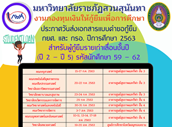 ประกาศกำหนดวันส่งเอกสารแบบคำขอกู้ยืม
กยศ. และ กรอ.  ปีการศึกษา 2563
สำหรับผู้กู้ยืมรายเก่าเลื่อนชั้นปี (ปี 2
- ปี 5) รหัสนักศึกษา 59 - 62