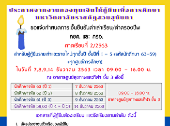 Announcement from the Student Loan Fund
Event Suan Sunandha Rajabhat University
I would like to notify the deadline for
signing to confirm the tuition / living
expenses, Ministry of Education and
Education. Term 2/2020