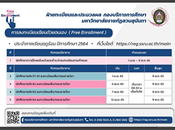 การลงทะเบียนเรียนด้วยตนเอง (Free
Enrollment) ภาคเรียนฤดูร้อน ปีการศึกษา
2564 ที่ reg.ssru.ac.th