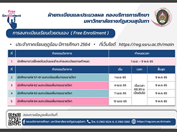 Registration for self-study (Free
Enrollment) Summer semester 2021 at
reg.ssru.ac.th