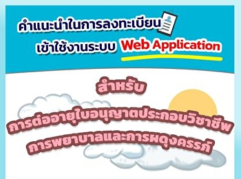 คำแนะนำในการลงทะเบียนเข้าใช้งานระบบ Web
Application
สำหรับการต่อใบอนุญาตประกอบวิชาชีพการพยาบาลและการผดุงครรภ์