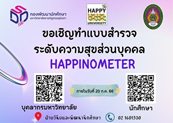 ขอเชิญชวน บุคลากร นักศึกษา
ทำแบบสำรวจระดับความสุขส่วนบุคคล/นักศึกษา
มหาวิทยาลัยราชภัฏสวนสุนันทา