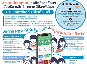 ชวนคนไทยทุกคน
ทุกสิทธิการรักษารับบริการสิทธิสุขภาพดีป้องกันโรค
ผ่านแอปพลิเคชัน ' เป๋าตัง' ฟรี