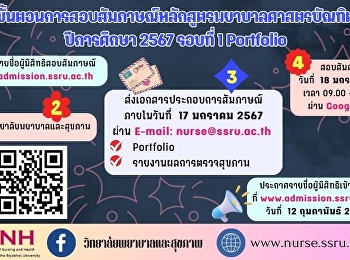ขั้นตอนการสอบสัมภาษณ์หลักสูตรพยาบาลศาสตรบัณฑิต
ปีการศึกษา 2567 รอบที่ 1 Portfolio