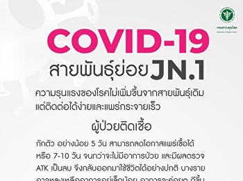 COVID-19 สายพันธุ์ย่อย JN.1
ความรุนแรงของโรคไม่เพิ่มขึ้นจากสายพันธุ์เดิม
แต่ติดต่อได้ง่ายและแพร่กระจายเร็ว