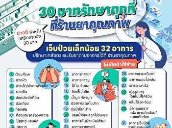 30 baht treatment everywhere at quality
drugstores, expanding minor illness care
to 32 symptom groups, starting September
3, 2024